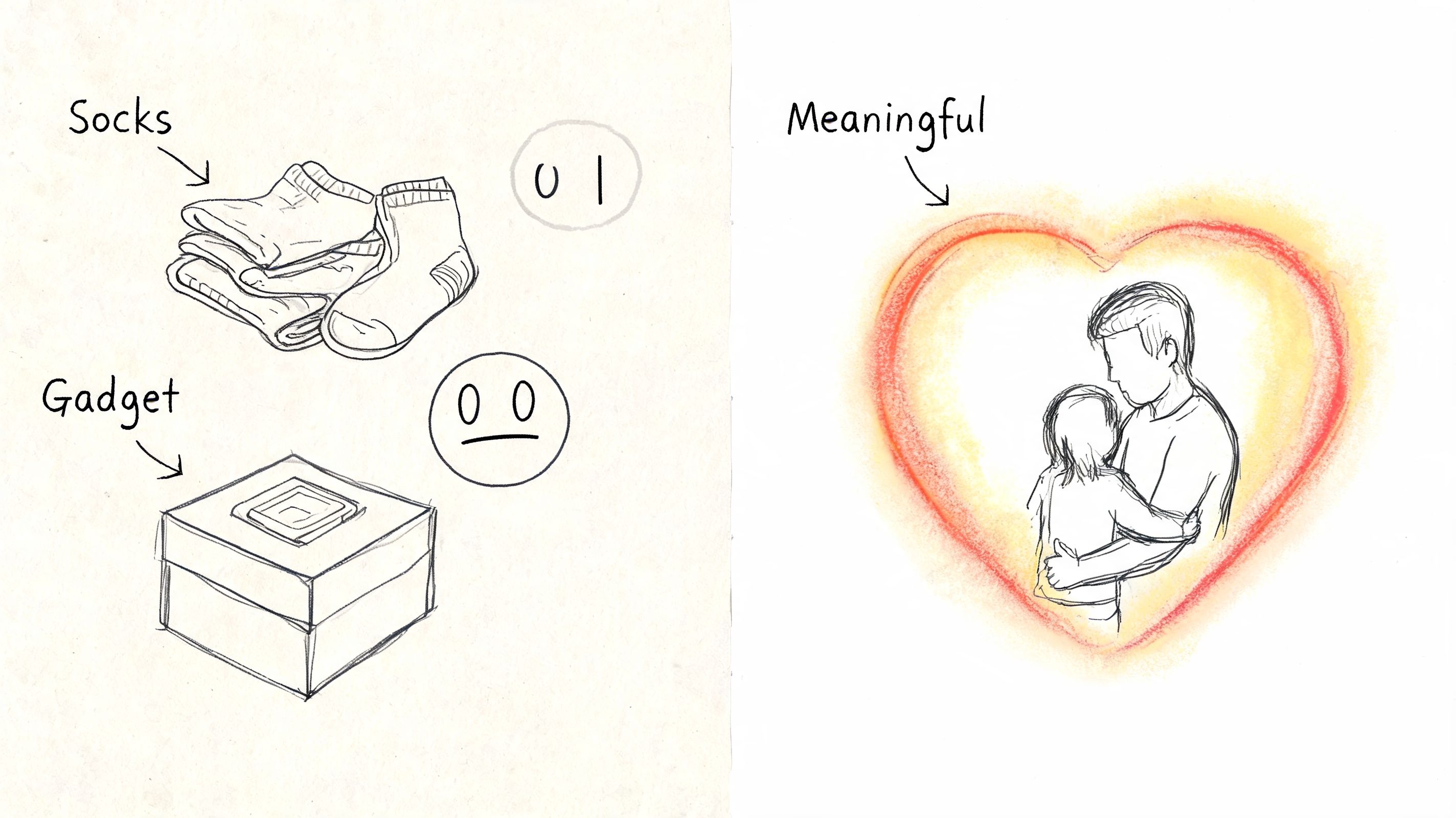 A hand-drawn illustration contrasting impersonal gifts like socks or gadgets with a meaningful hug between father and child.