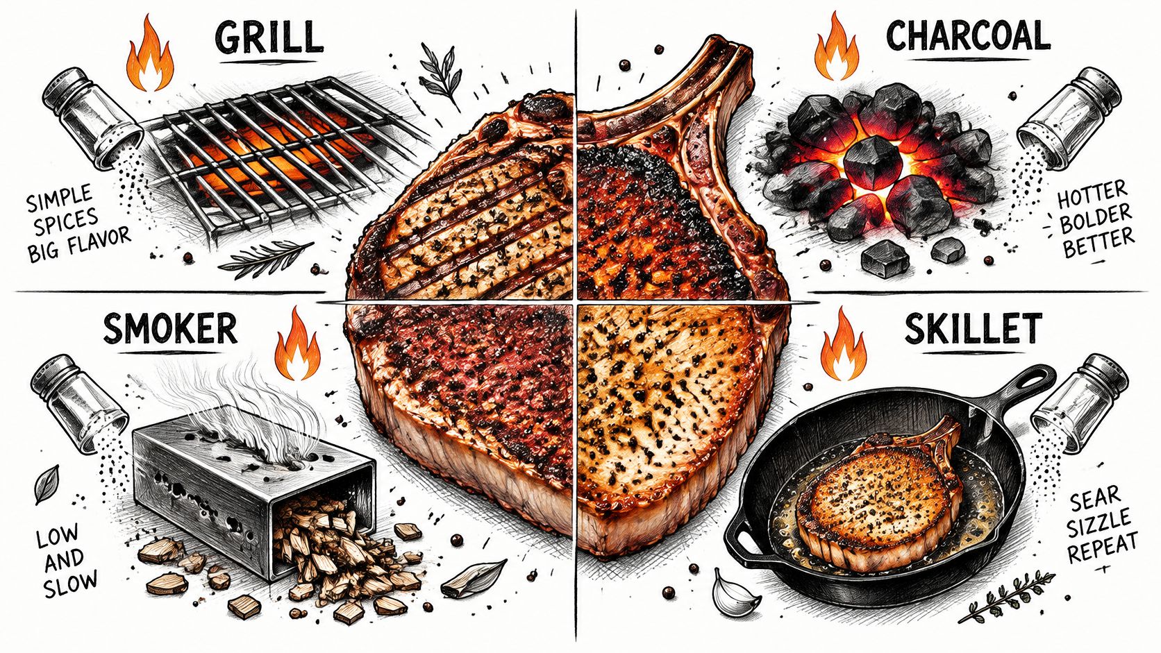 A four-quadrant illustration showing different cooking methods for steak: grill, charcoal, smoker, and cast iron skillet.