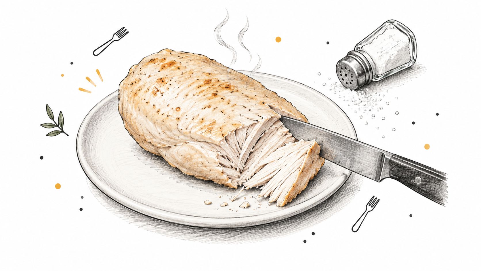 A hand-drawn illustration of a roasted chicken breast being sliced on a plate with salt nearby.