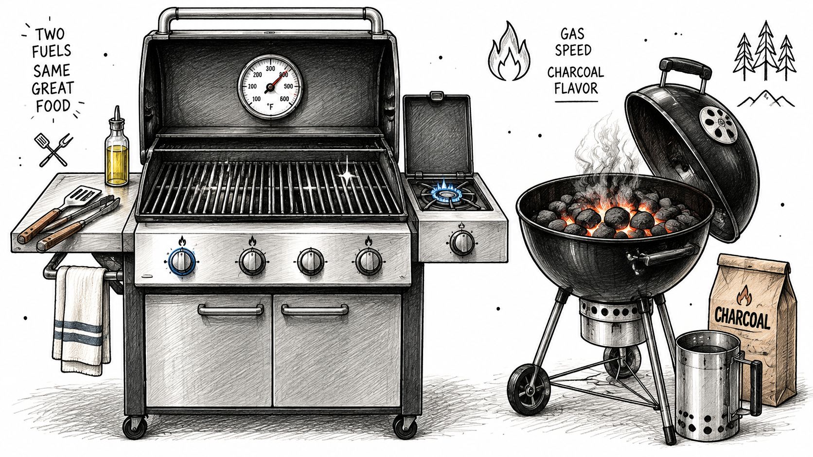 A sketched comparison between a modern gas grill with side burner and a traditional charcoal kettle grill.