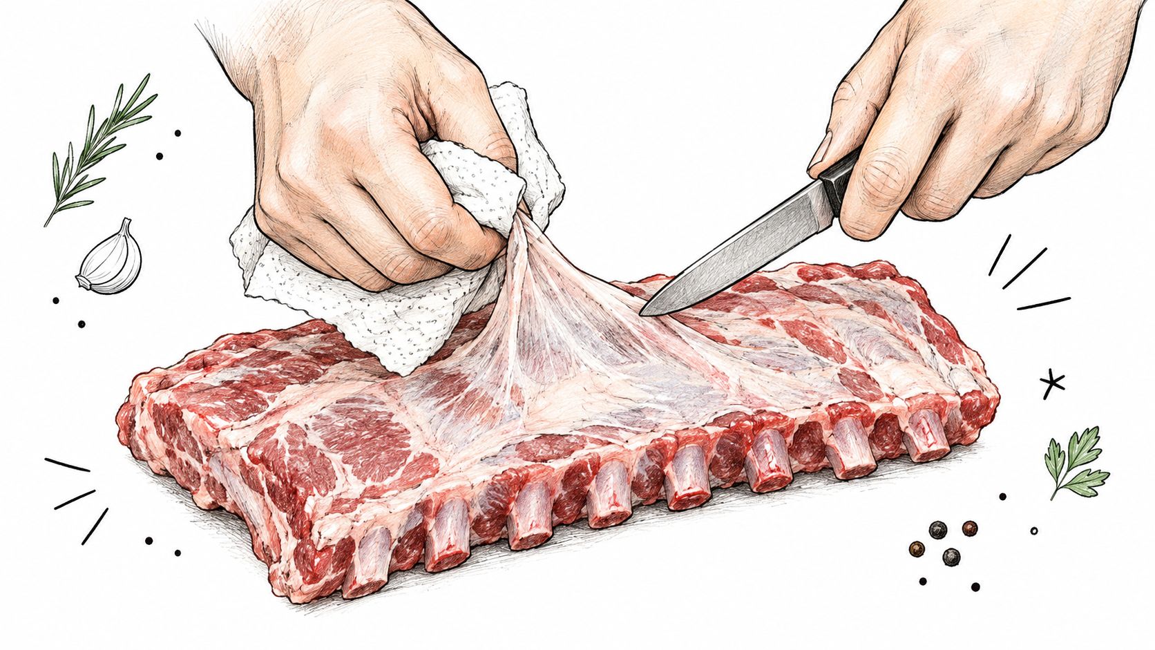A hand holding a paper towel removes the membrane from a raw rack of pork ribs.