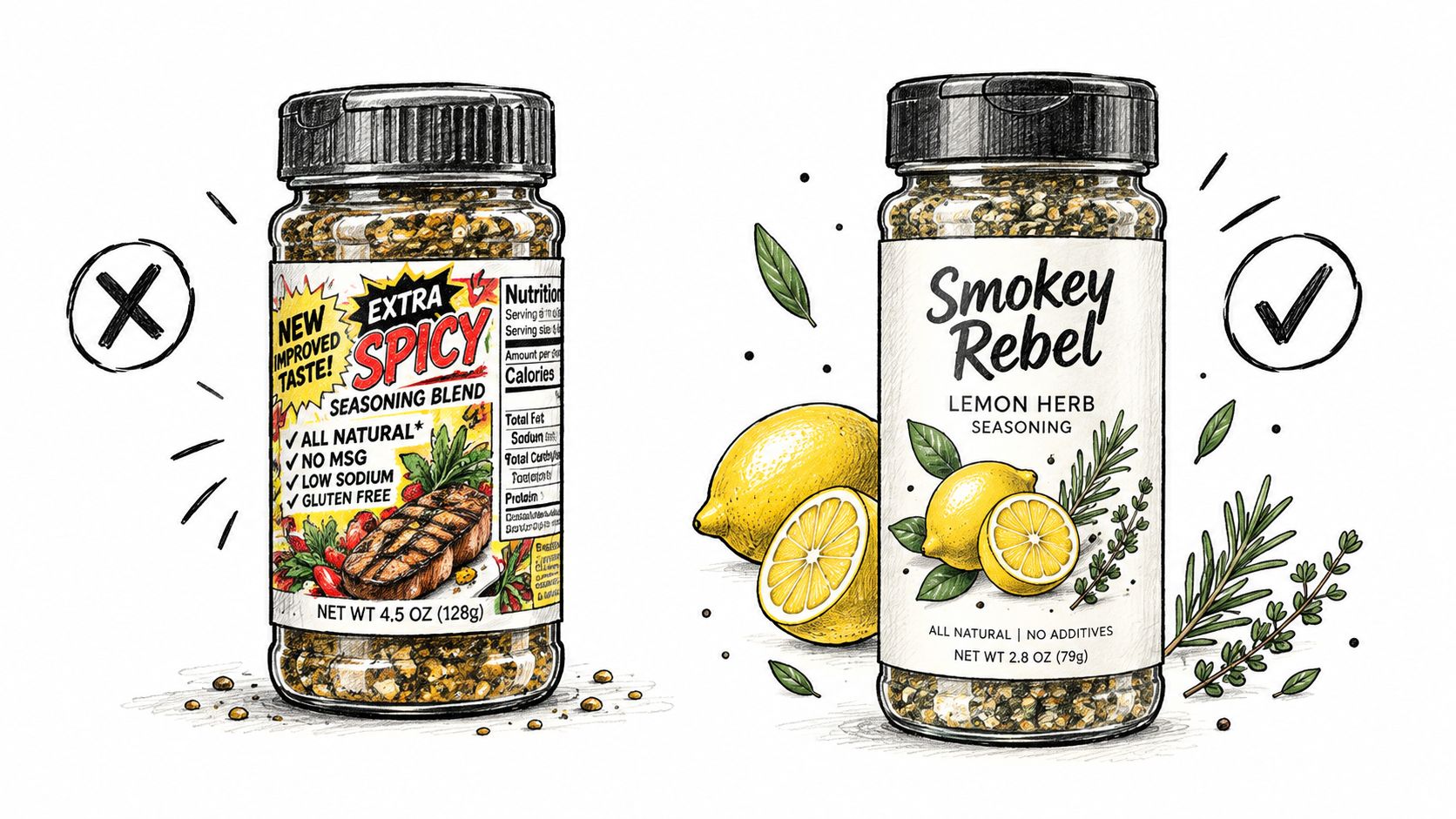 A comparative illustration of two seasoning jars, one with a cluttered spicy label and another with clean, minimalist branding.