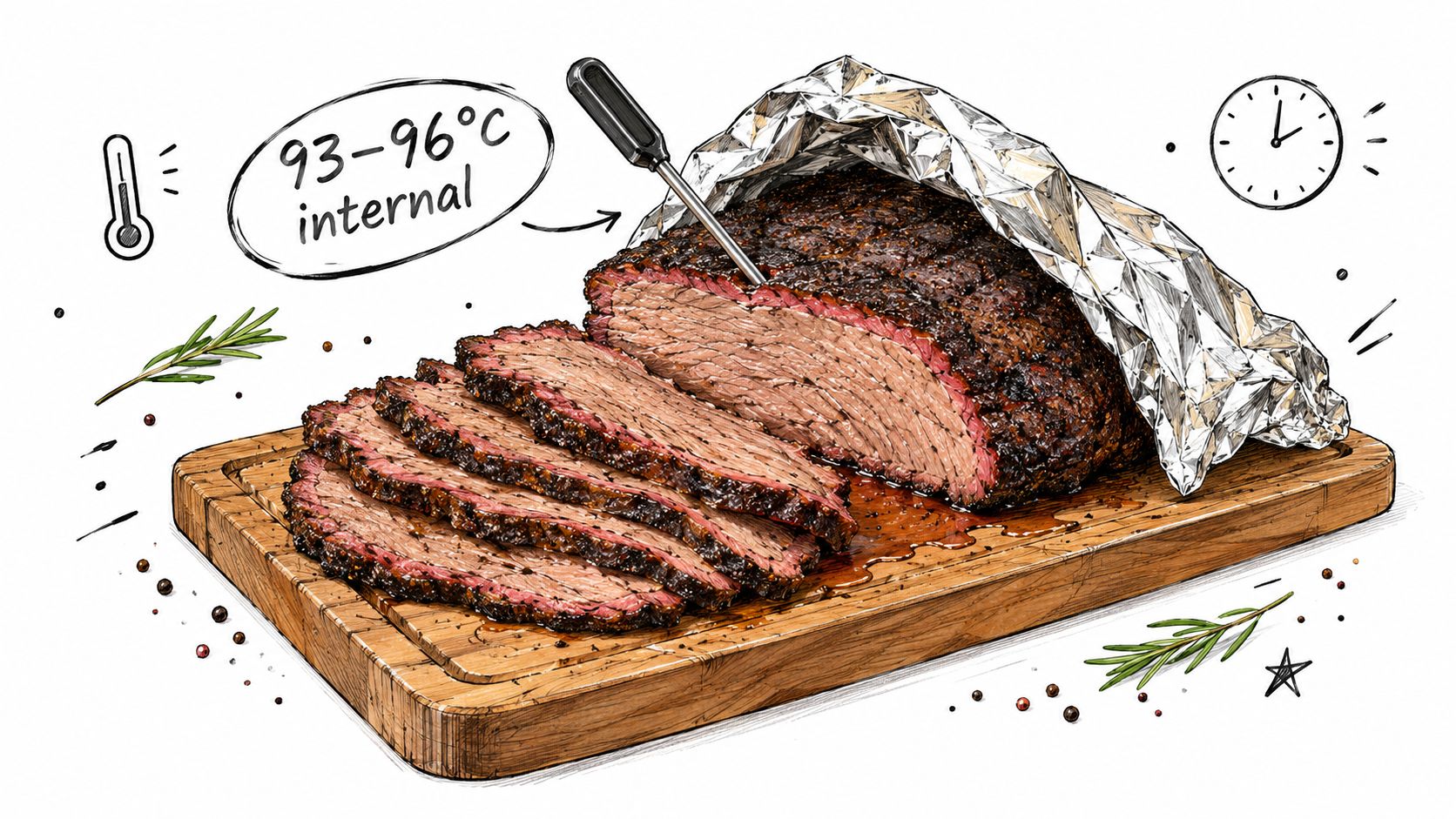 A hand-drawn illustration of a smoked beef brisket sliced on a wooden board with a meat thermometer.
