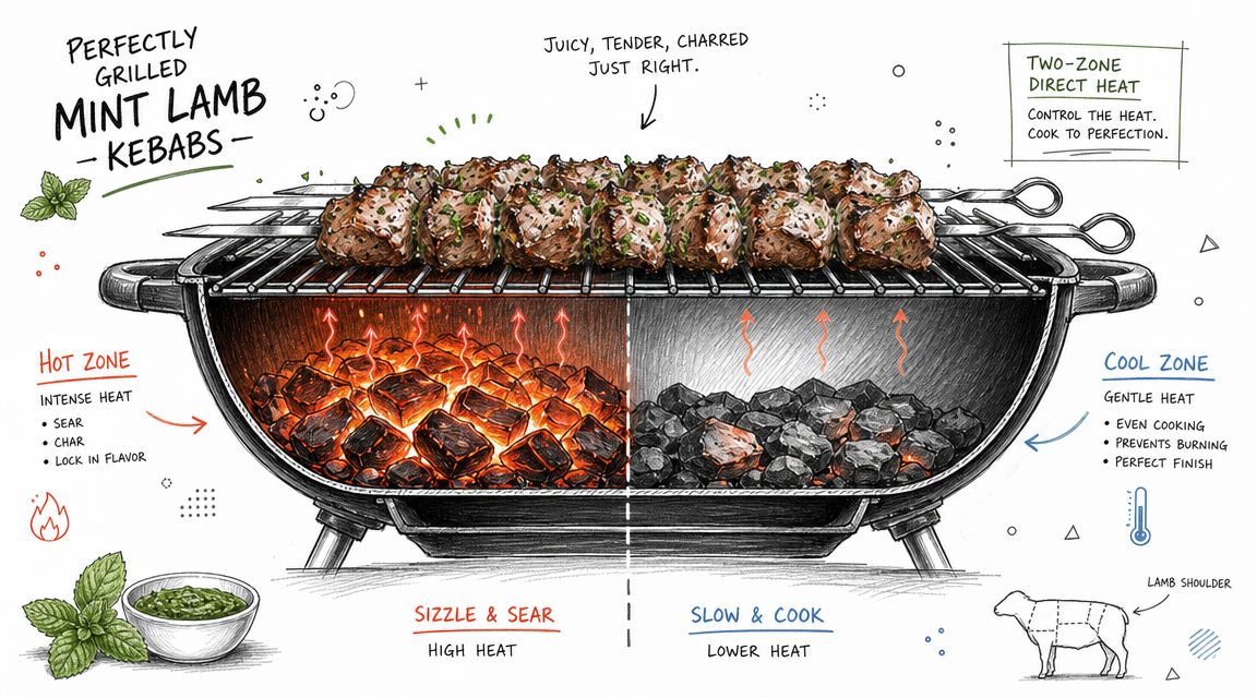 An illustration demonstrating two-zone grilling technique for cooking mint lamb kebabs on a charcoal barbecue grill.