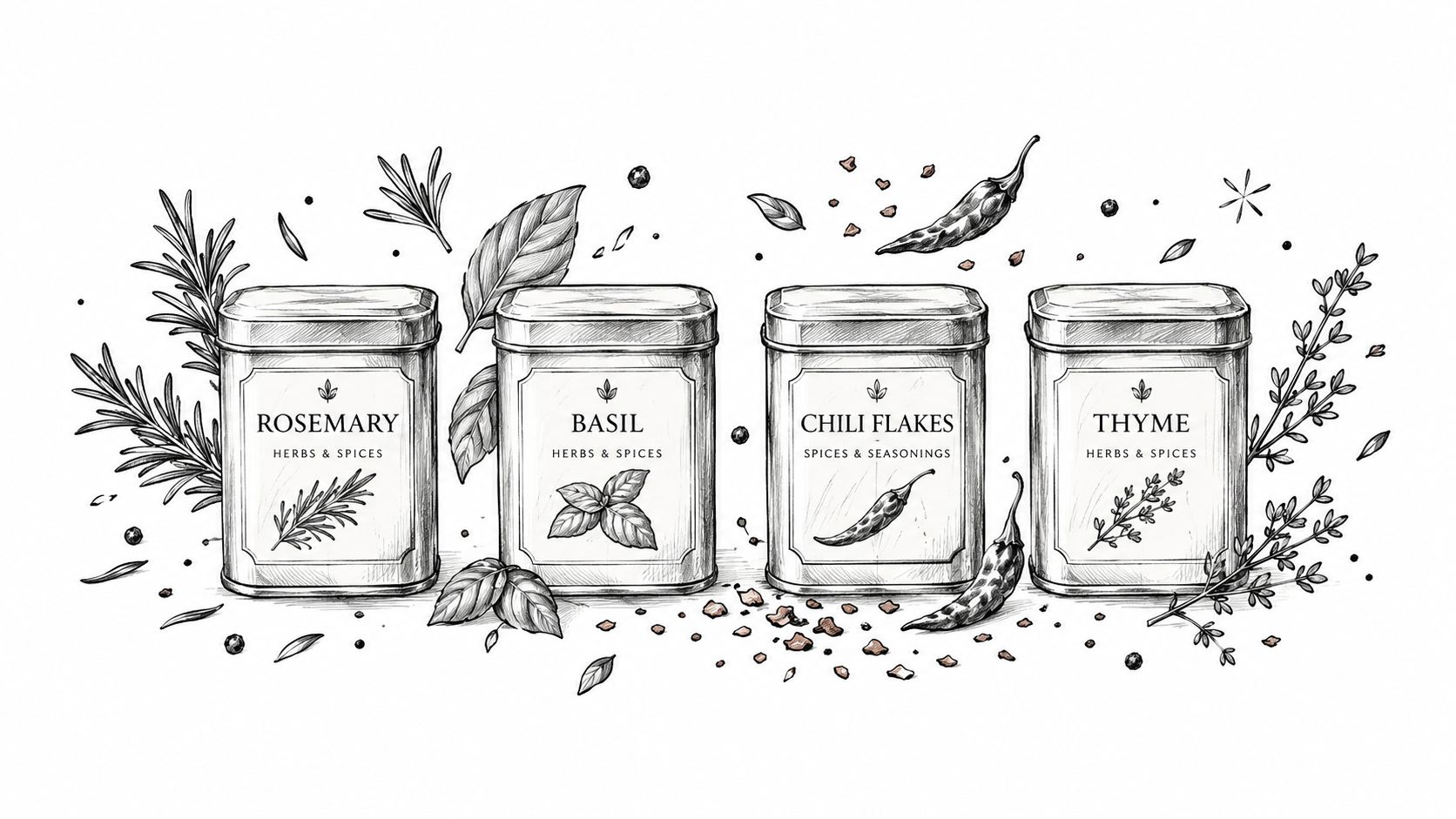 A hand-drawn illustration of four metallic spice tins labeled Rosemary, Basil, Chili Flakes, and Thyme.