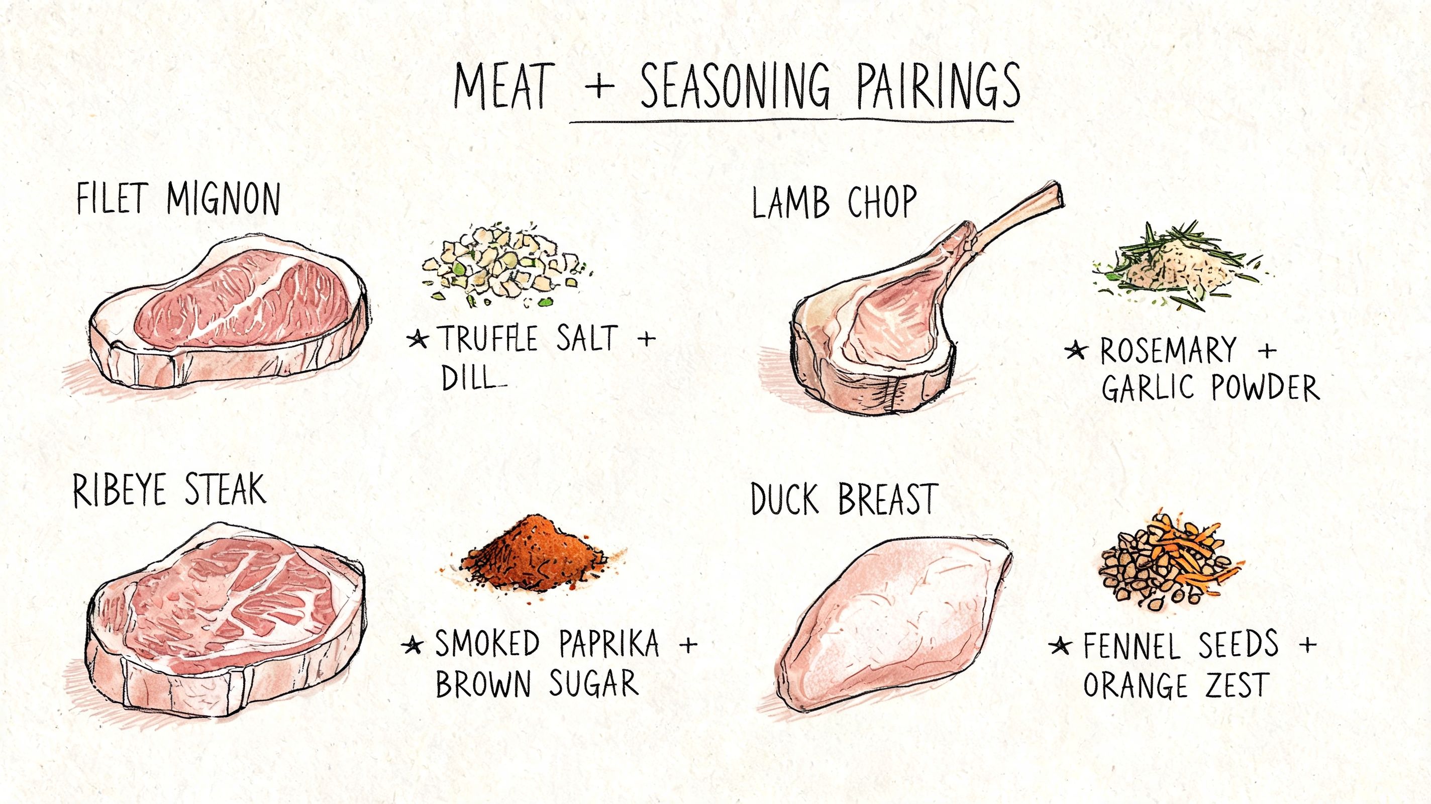 An illustration showcasing recommended seasoning pairings for cuts of meat including filet mignon, lamb chop, ribeye, and duck.
