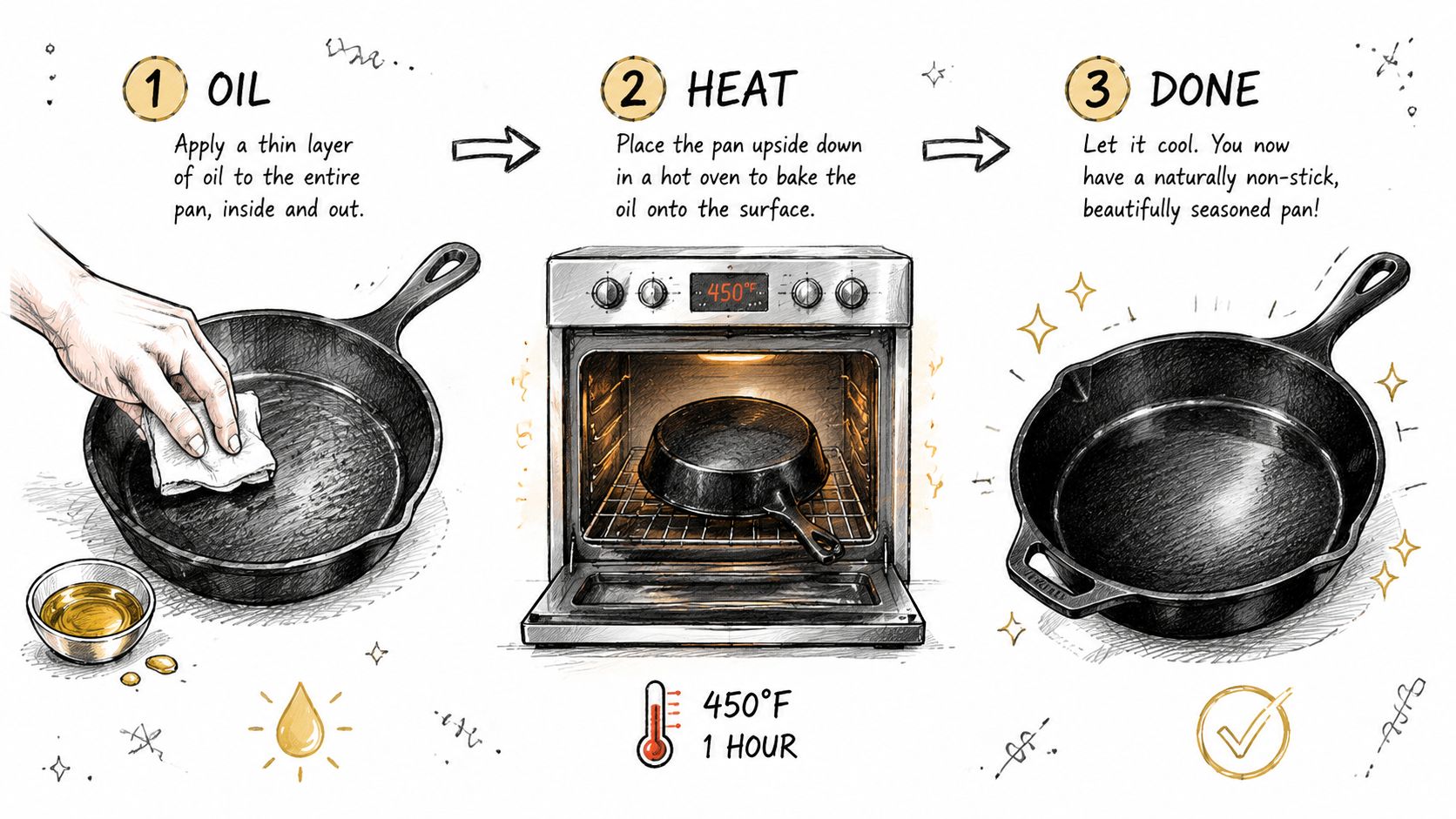 A three-step infographic showing how to season a cast iron frying skillet using oil and heat.