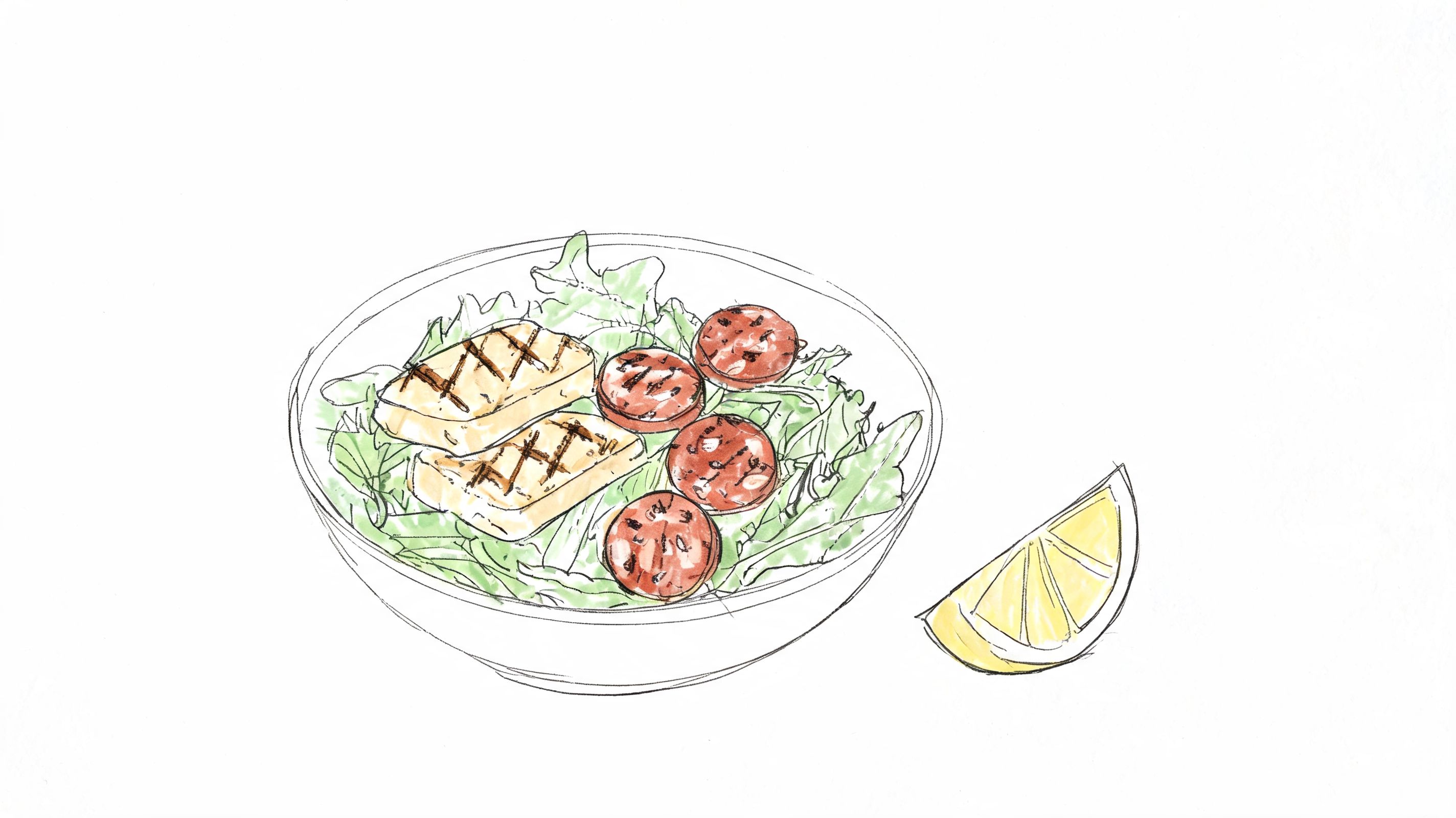 A hand-drawn illustration of a salad bowl with grilled halloumi slices, chorizo, and a lemon wedge.