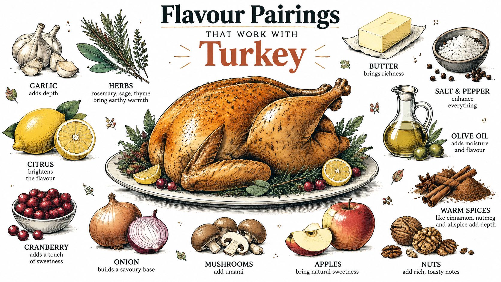 An illustrated guide showcasing various flavor pairings that work well with a roasted turkey, including spices and aromatics.