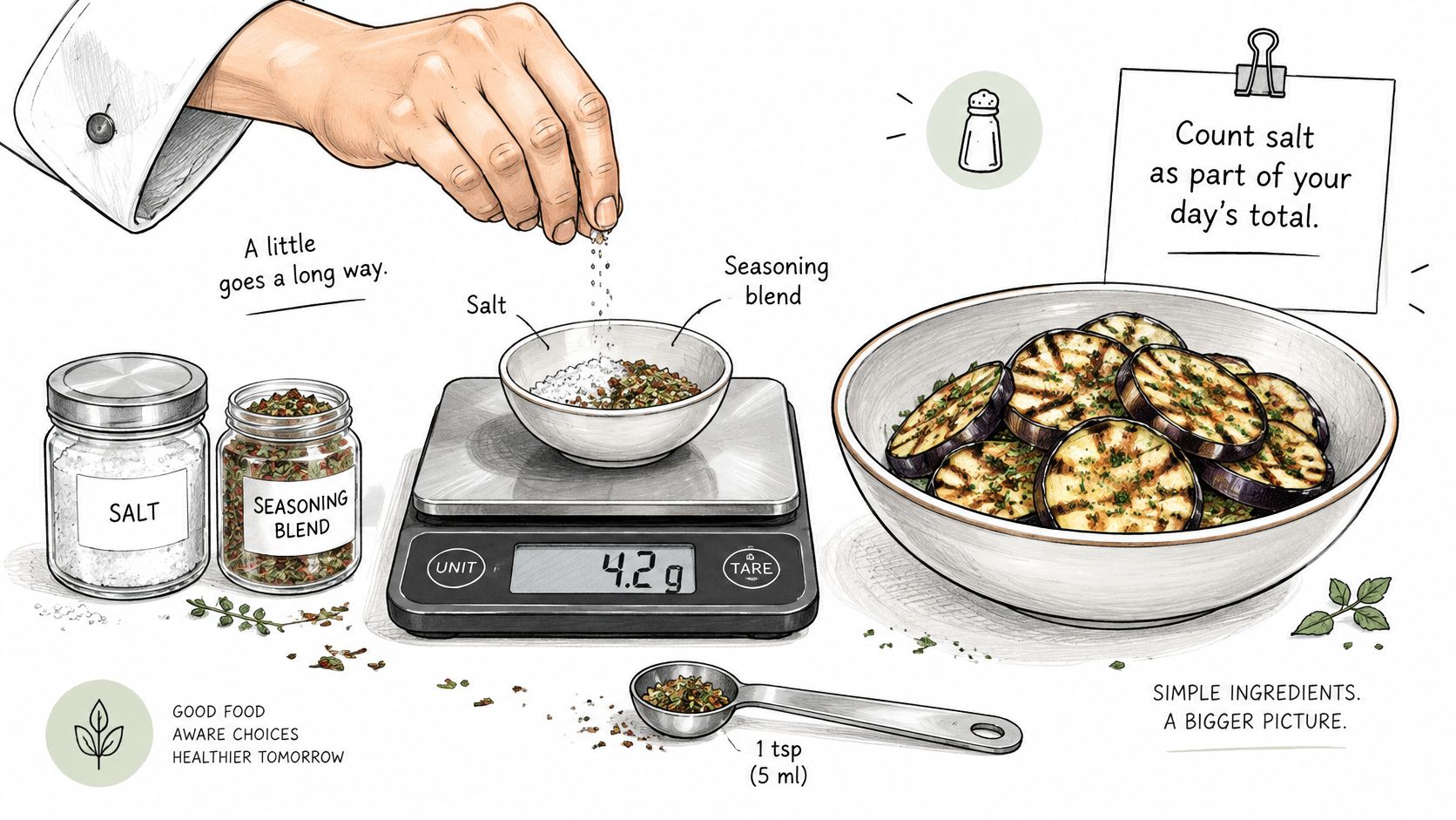 A hand seasoning grilled eggplant while using a kitchen scale to measure the portion of salt.