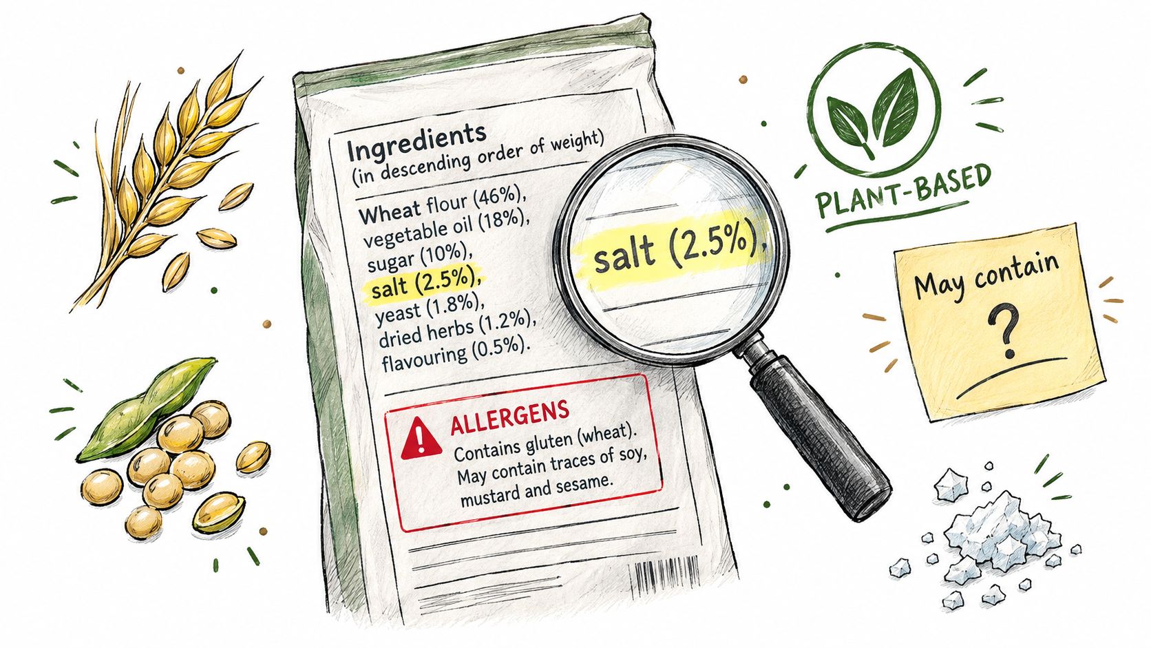 A product packaging label highlighting ingredients including wheat, vegetable oil, sugar, and salt with allergen information.