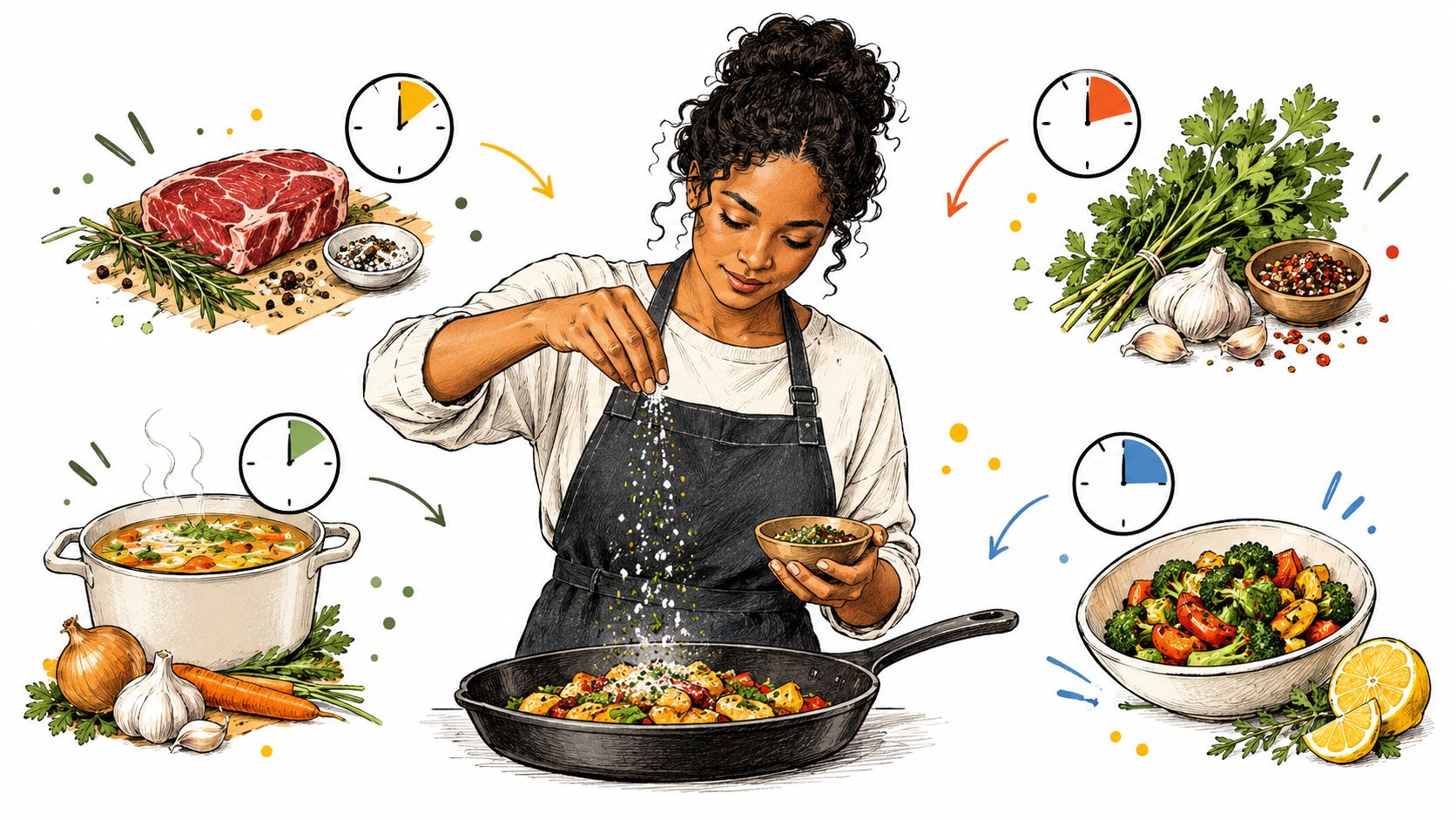 A professional chef seasoning a delicious pan-cooked meal with herbs and vegetables surrounding her on the table.
