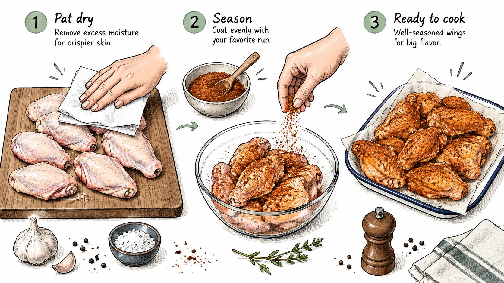 An illustrated guide showing the three-step process to pat dry, season, and prepare raw chicken wings.