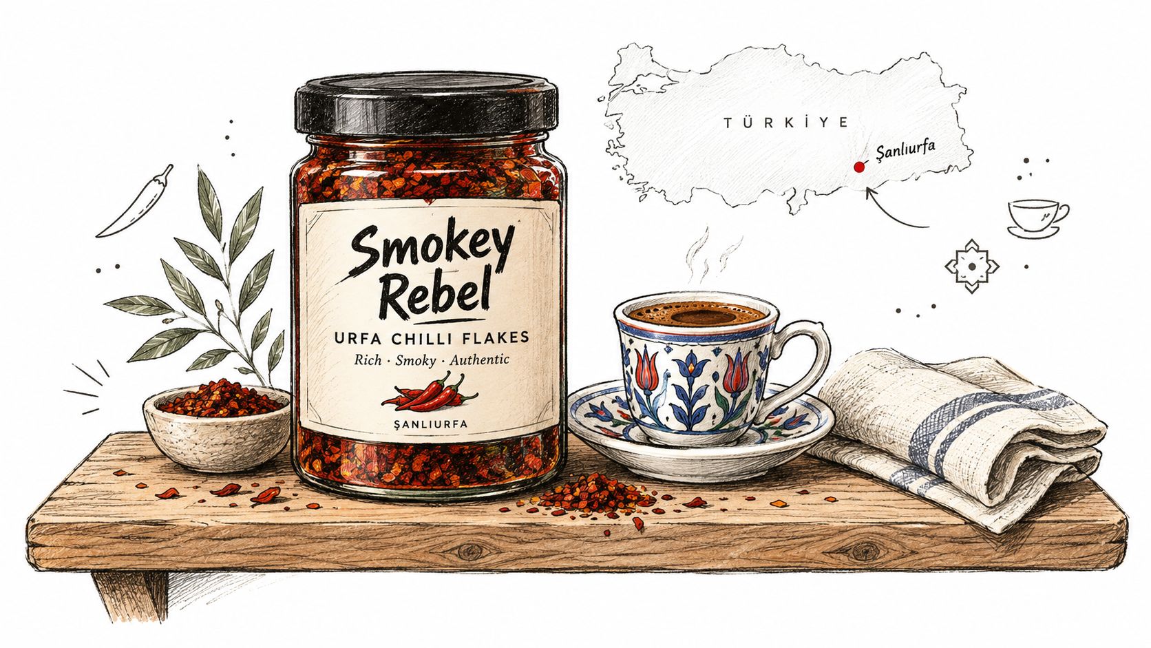 A jar of Smokey Rebel Urfa chilli flakes placed on a rustic wooden shelf with a coffee cup.