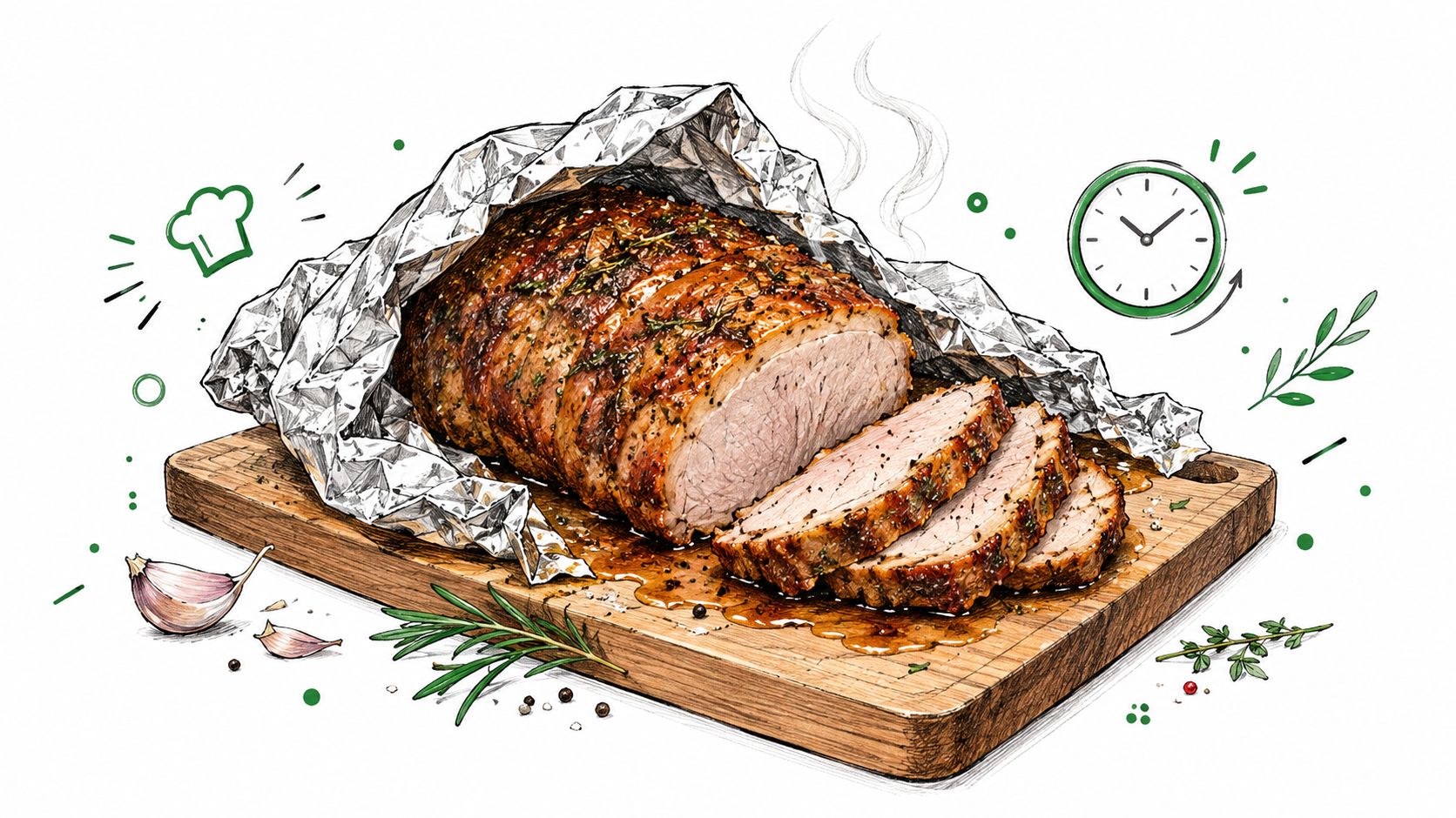 A succulent roasted pork loin resting on a wooden cutting board after being cooked in foil.
