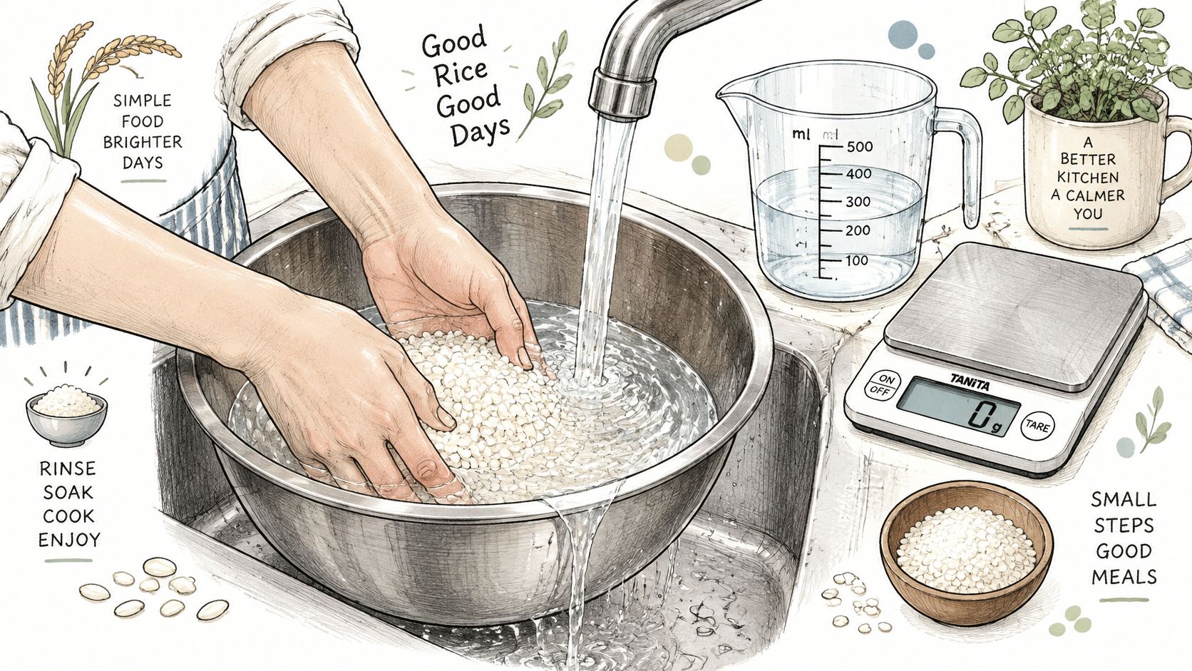 A gentle, illustrated guide showing a person washing rice in a metal bowl under a kitchen tap.