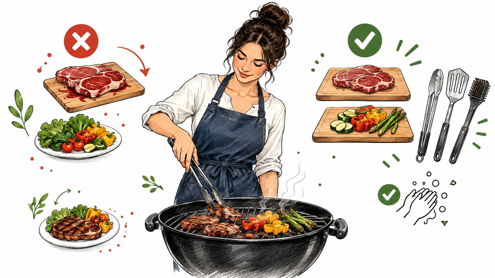 A woman grilling meat and vegetables on a barbecue while following food safety and cross-contamination guidelines.