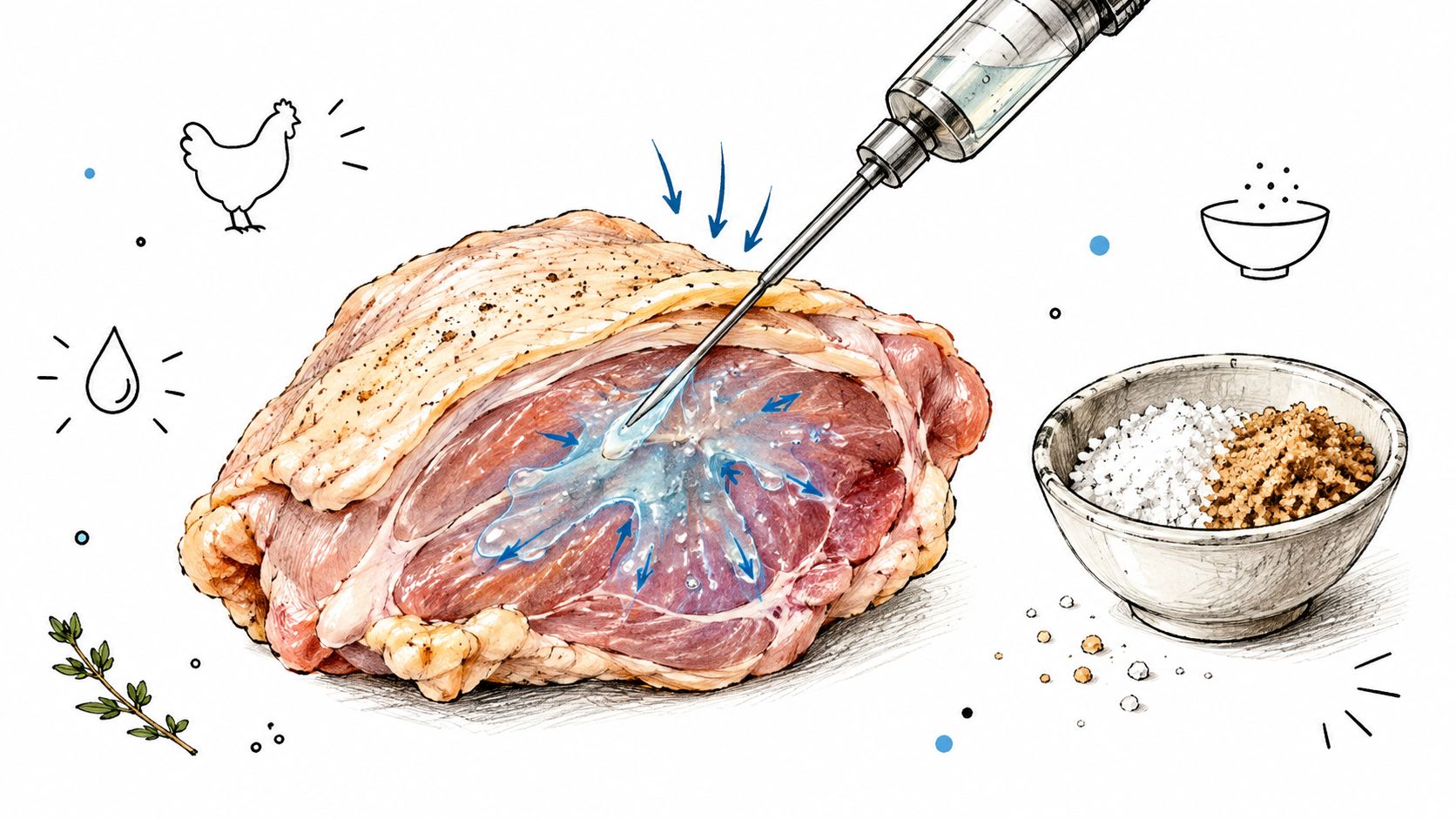 A close-up illustration of a syringe injecting marinade into raw chicken meat with seasoning ingredients nearby.