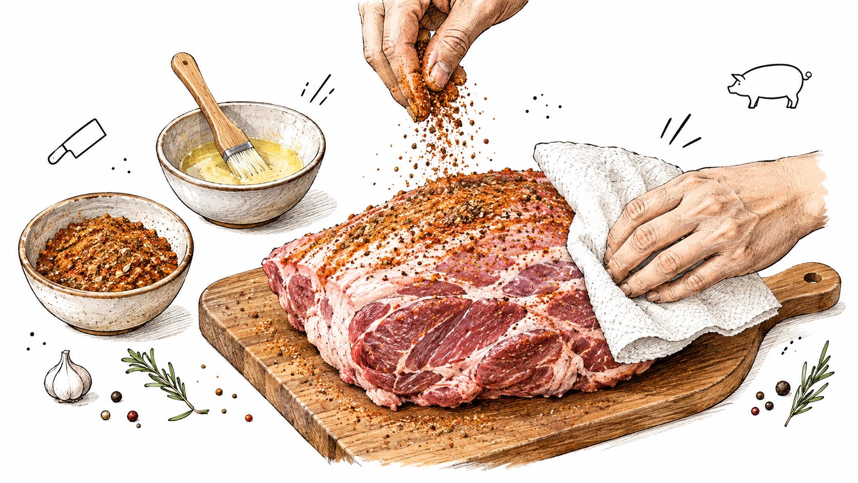 A hand seasoning a large raw pork roast on a wooden cutting board with spices and herbs.