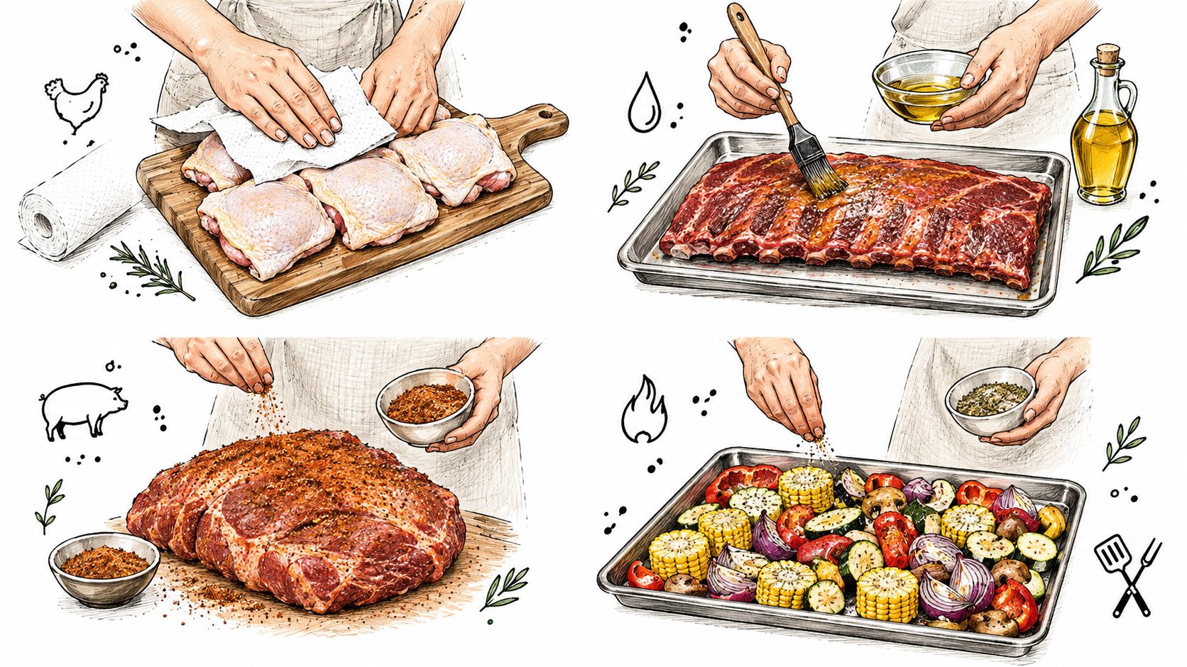A collection of four illustrations showing steps to prepare various meats and vegetables for barbecue cooking.