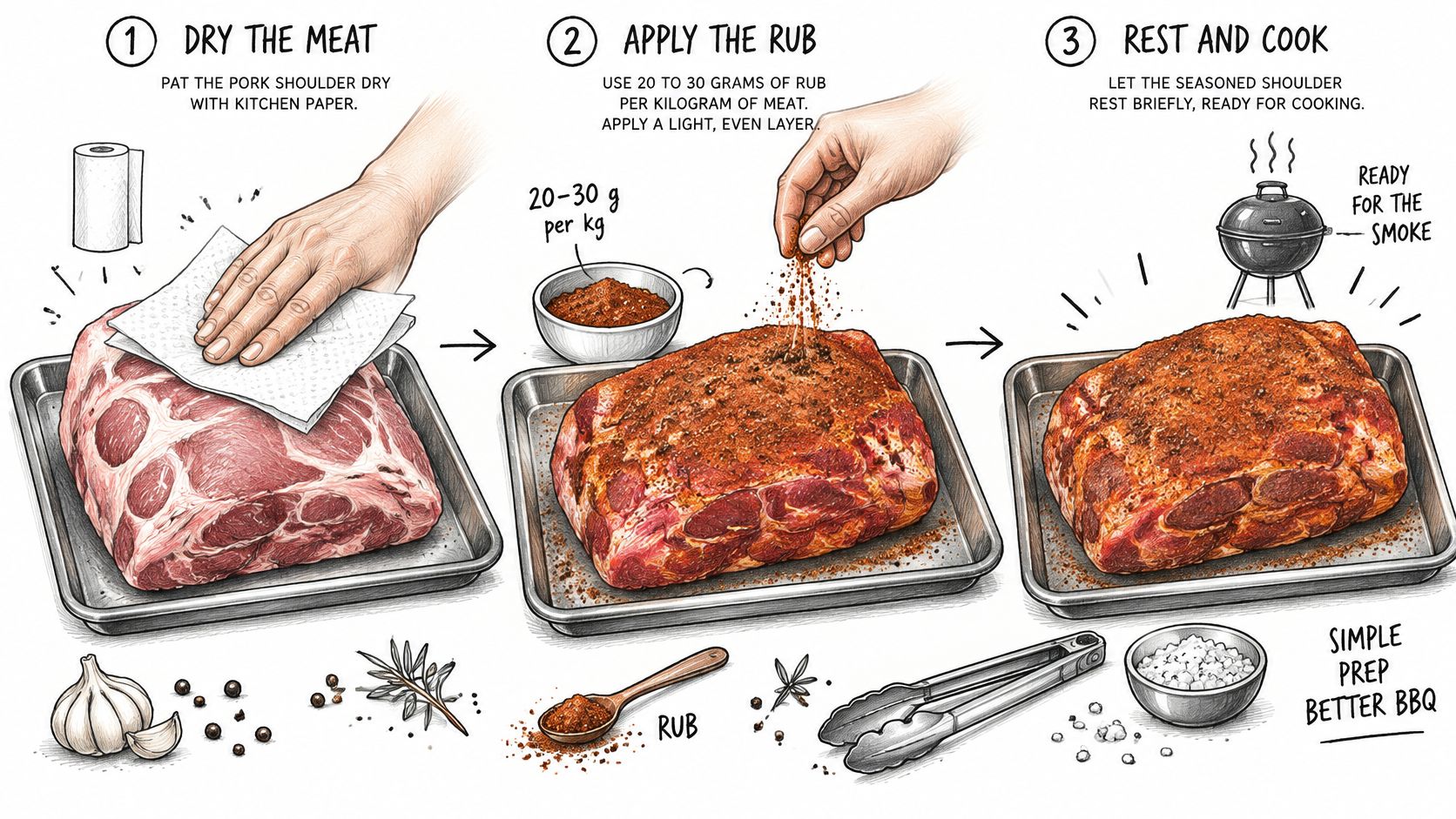 A three-step instructional illustration showing how to prepare pork shoulder for smoking with dry rub seasoning.