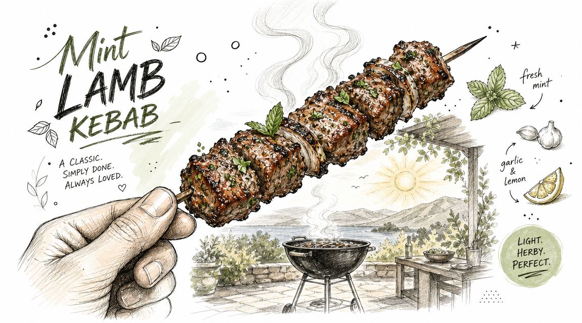 A hand holding a grilled mint lamb kebab on a skewer with a background of a sunny patio grill.