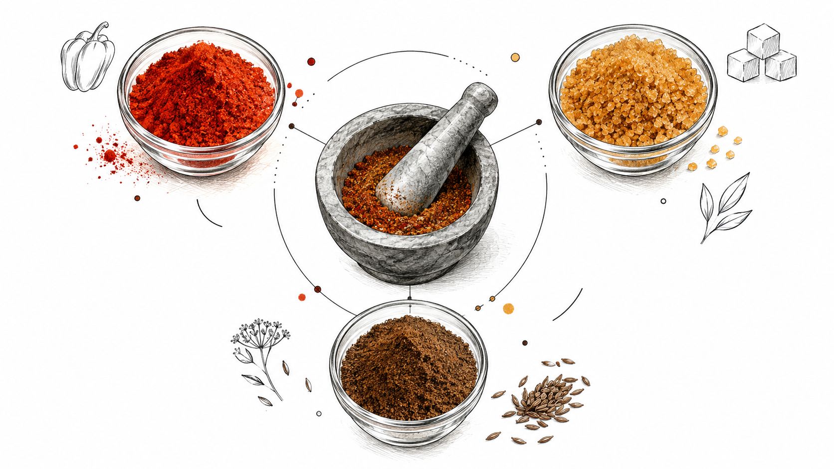 A mortar and pestle sits surrounded by bowls of red paprika, brown sugar, and ground cumin spices.