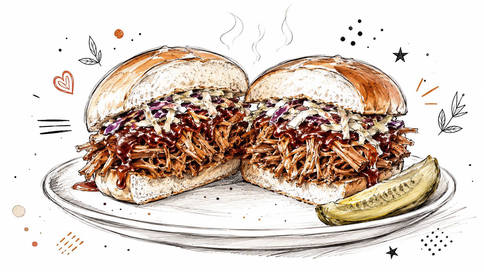 A detailed sketch of two pulled meat sandwiches with coleslaw and a pickle slice on a plate.