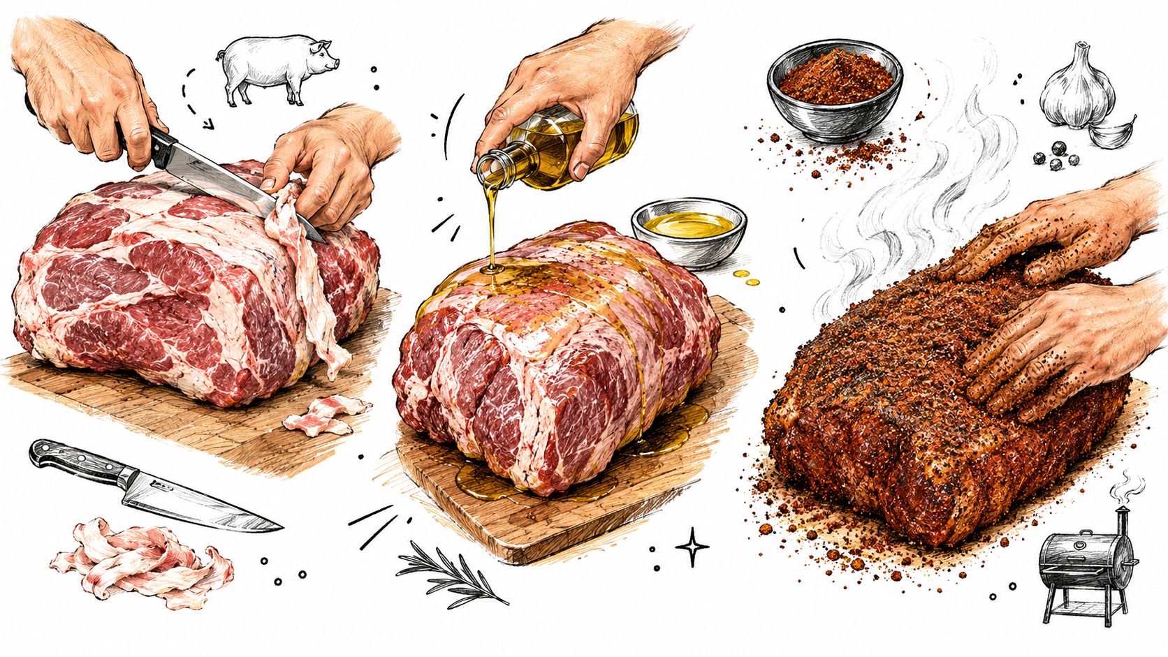 A detailed illustration showing the process of preparing and seasoning a large cut of pork meat.