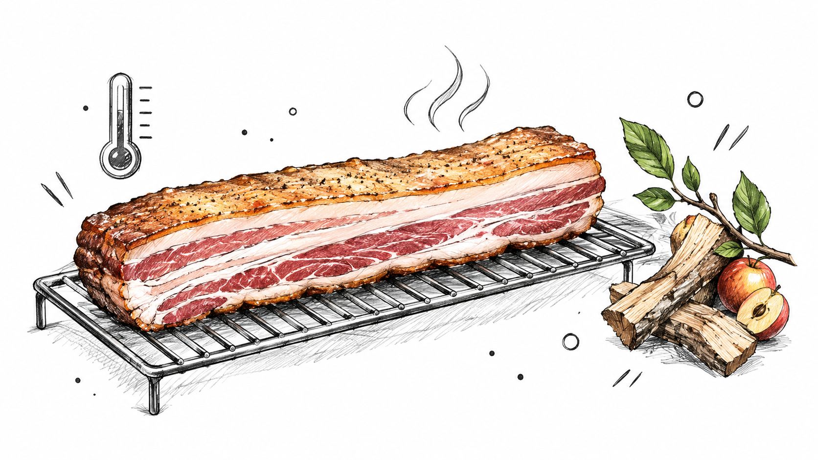 A detailed illustration of a piece of raw seasoned pork belly resting on a metal cooling rack.
