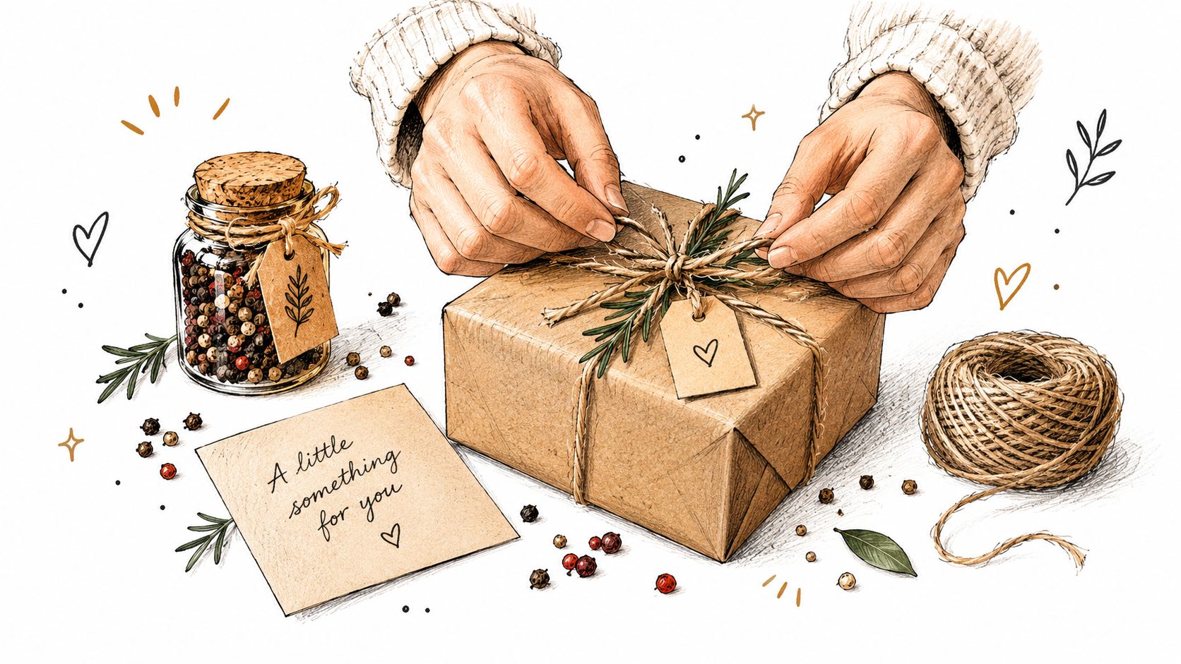 Hands wrapping a brown paper gift with twine, rosemary sprigs, and scattered peppercorns on a white background.
