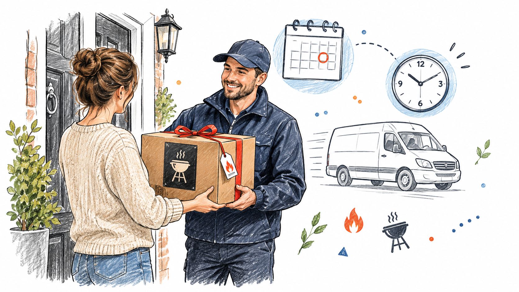 A friendly delivery person handing a packaged barbecue grill gift box to a woman at her doorstep.