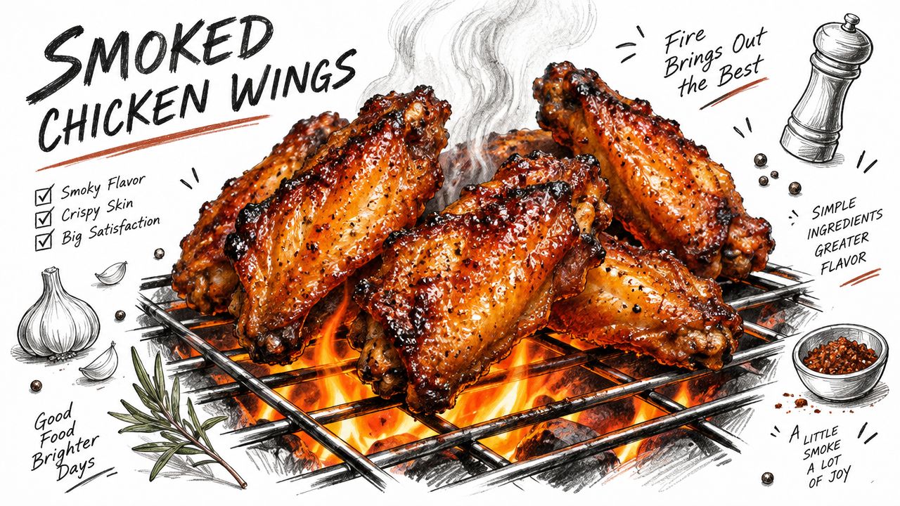 A detailed illustration of grilled smoked chicken wings cooking over an open fire with spices.