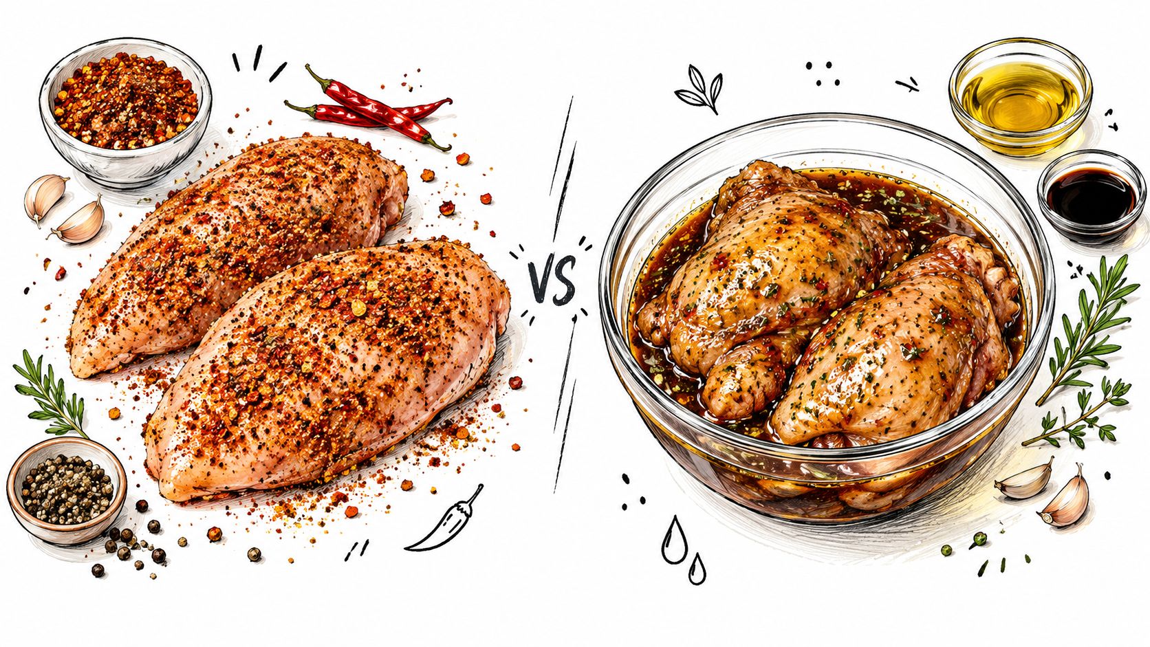 A split screen comparing dry-rubbed chicken breasts with spices versus chicken thighs marinating in a glass bowl.