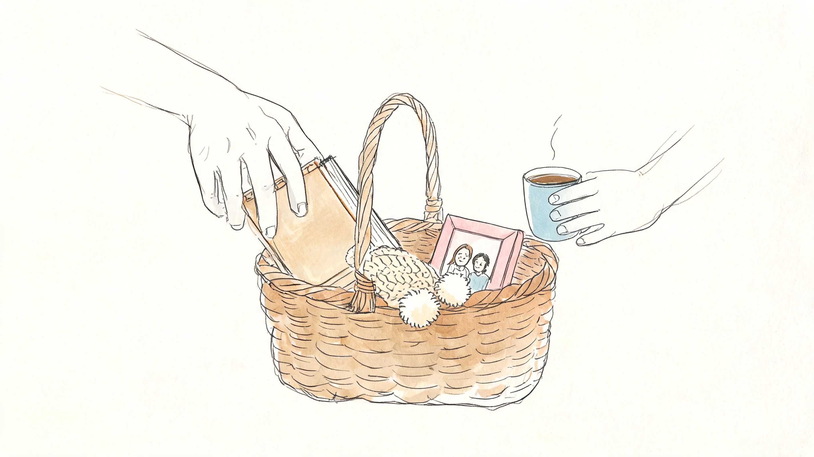 A hand reaching for a book inside a wicker basket containing a photo frame and a mug.