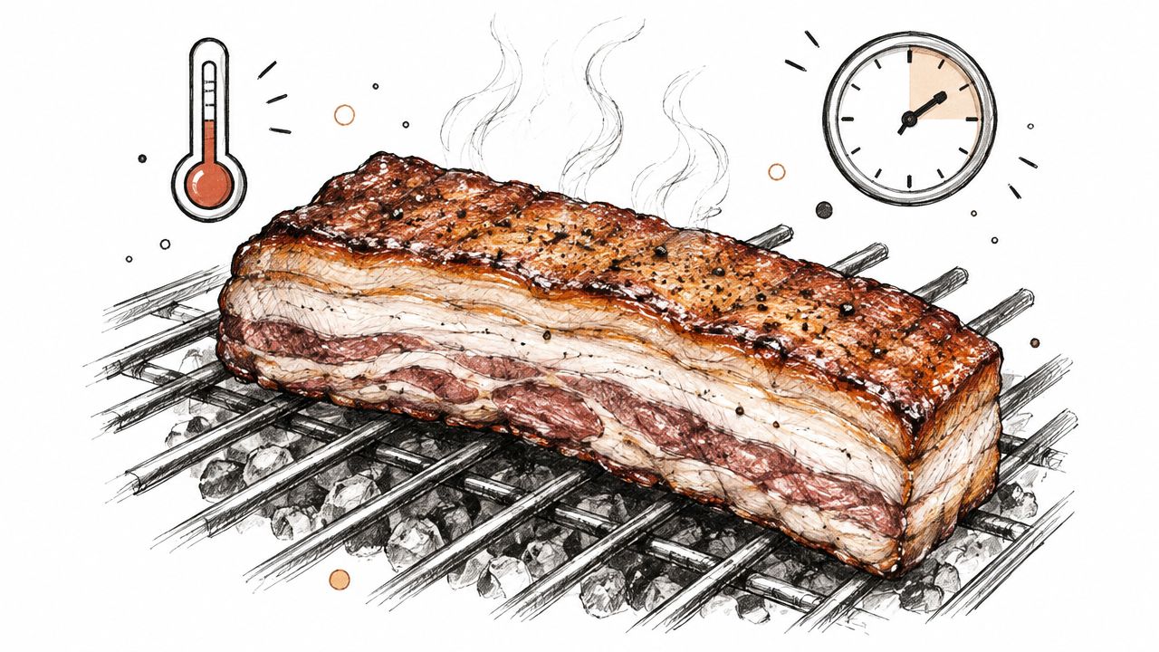 A hand-drawn illustration of a seasoned pork belly strip cooking on a charcoal barbecue grill.