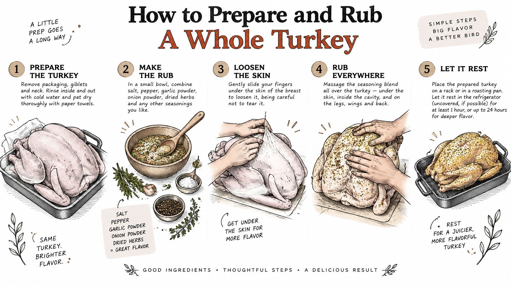 An illustrated five-step guide on how to prepare and apply a dry rub to a whole turkey.