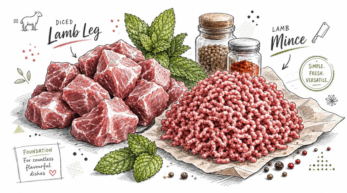 An artistic hand-drawn illustration showing diced lamb leg, lamb mince, fresh mint leaves, and spices.