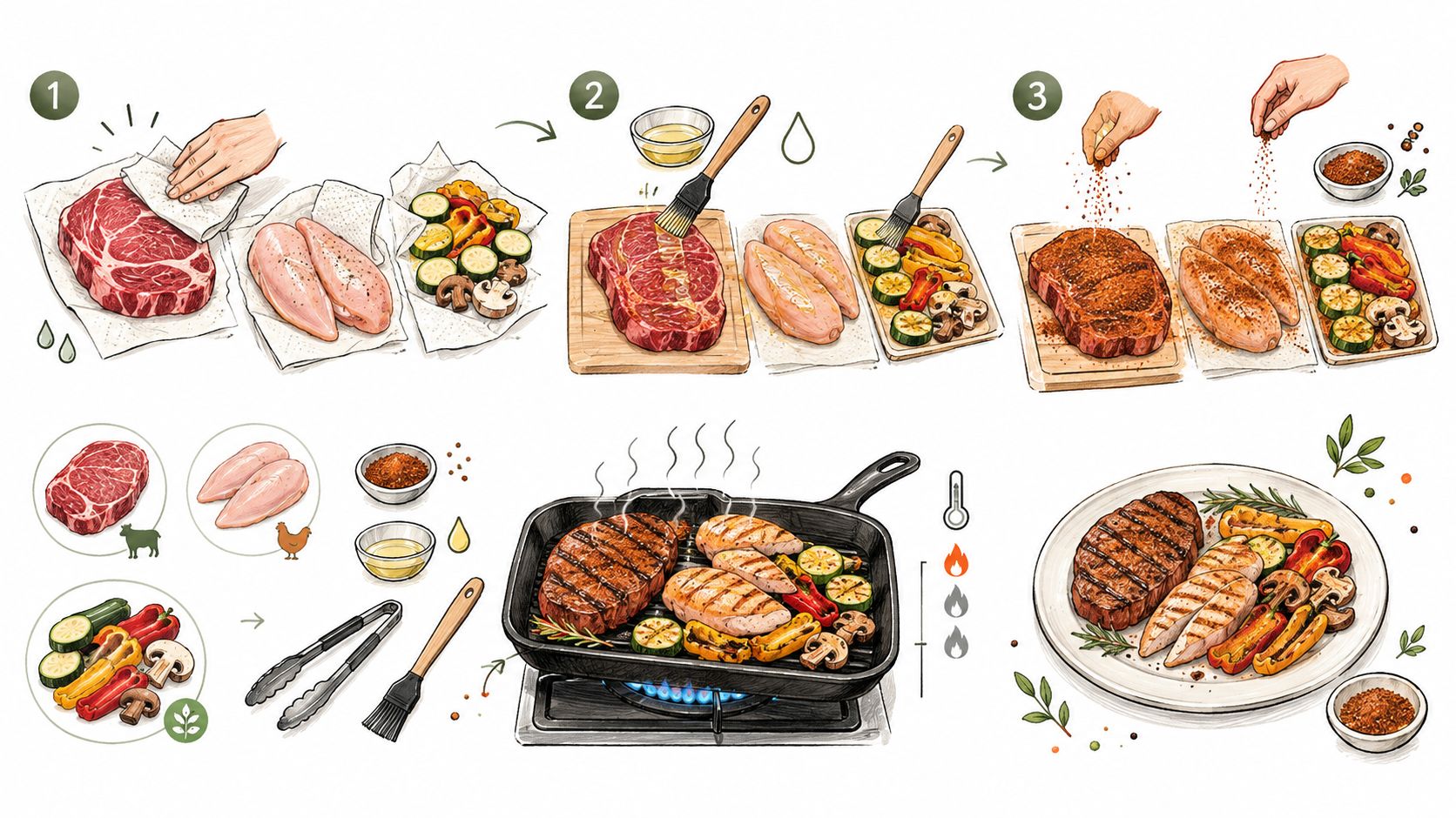 An instructional illustration showing steps to prep and grill steak, chicken breasts, and mixed vegetables.