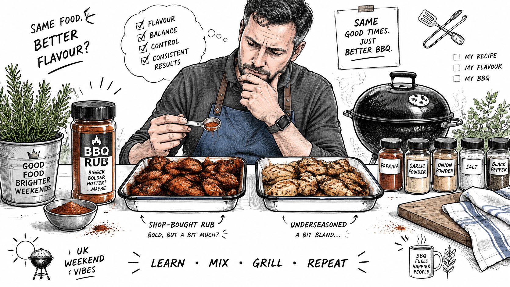 A man in an apron comparing two trays of seasoned BBQ chicken while thinking about spice balance.