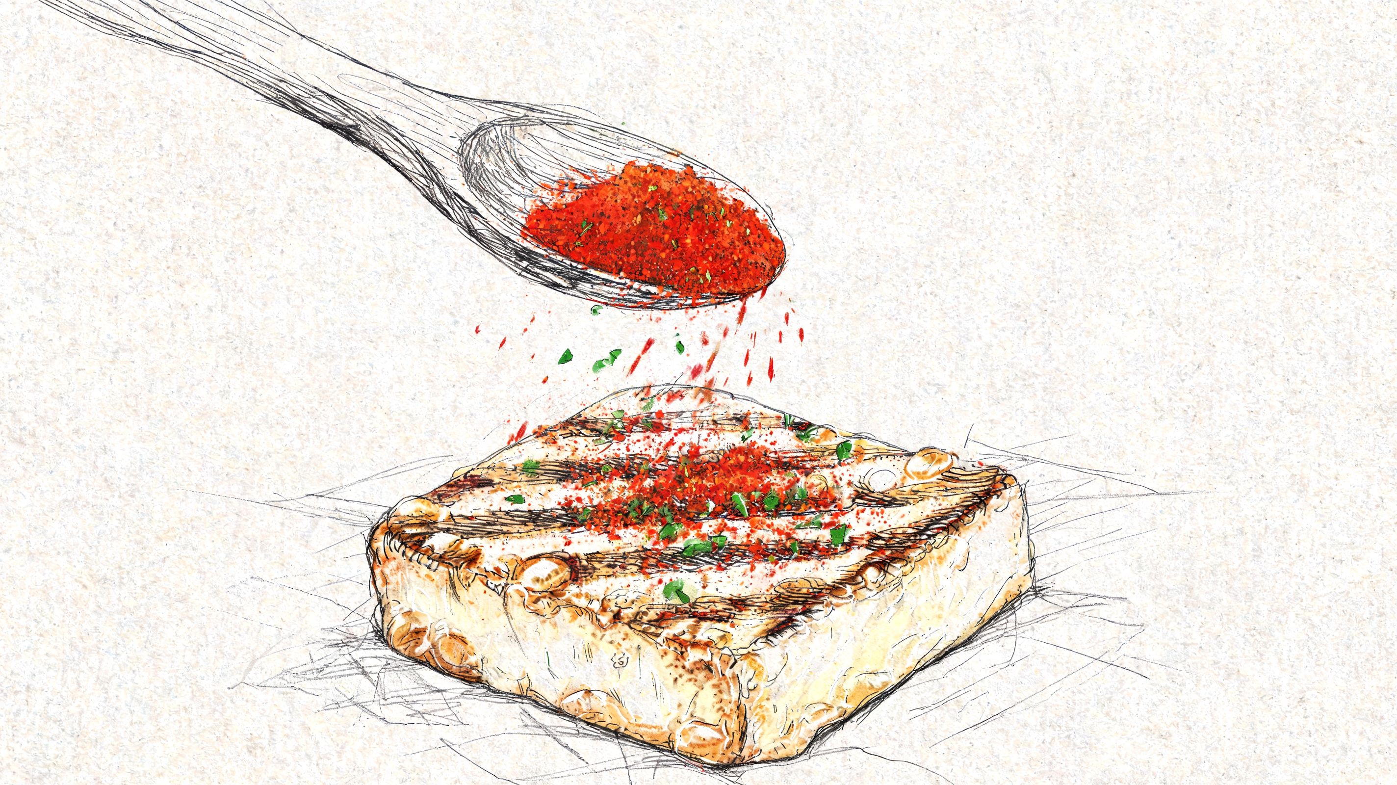 A hand-drawn illustration of a wooden spoon sprinkling red spice onto a grilled piece of halloumi cheese.