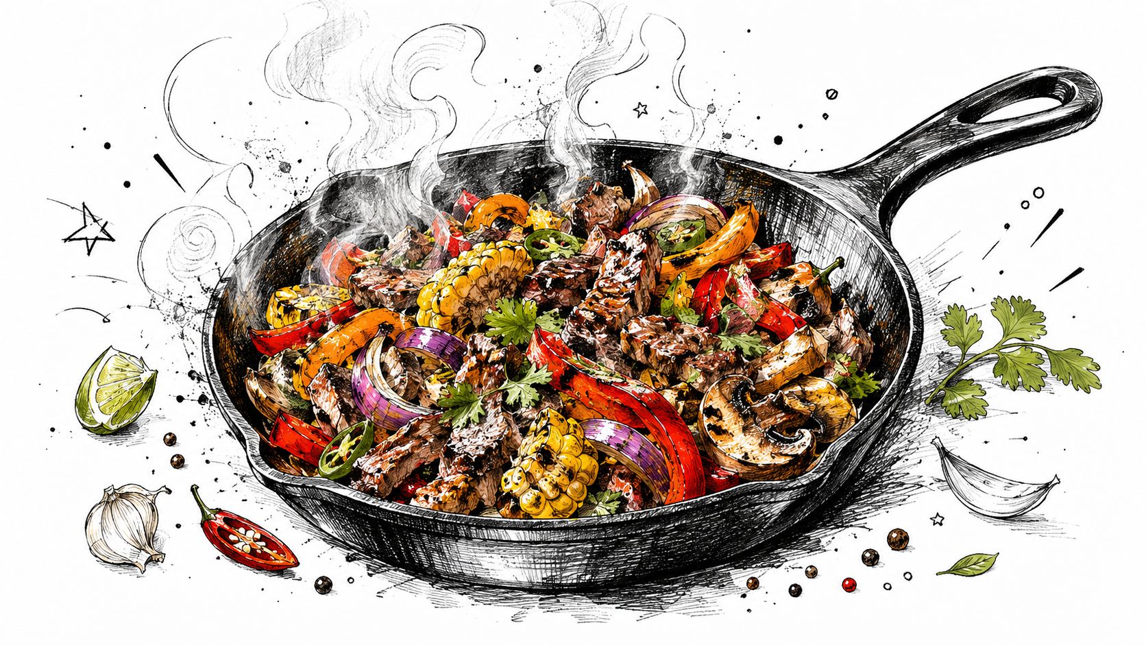 A detailed illustration of a cast iron skillet filled with freshly cooked sizzling fajitas and vegetables.