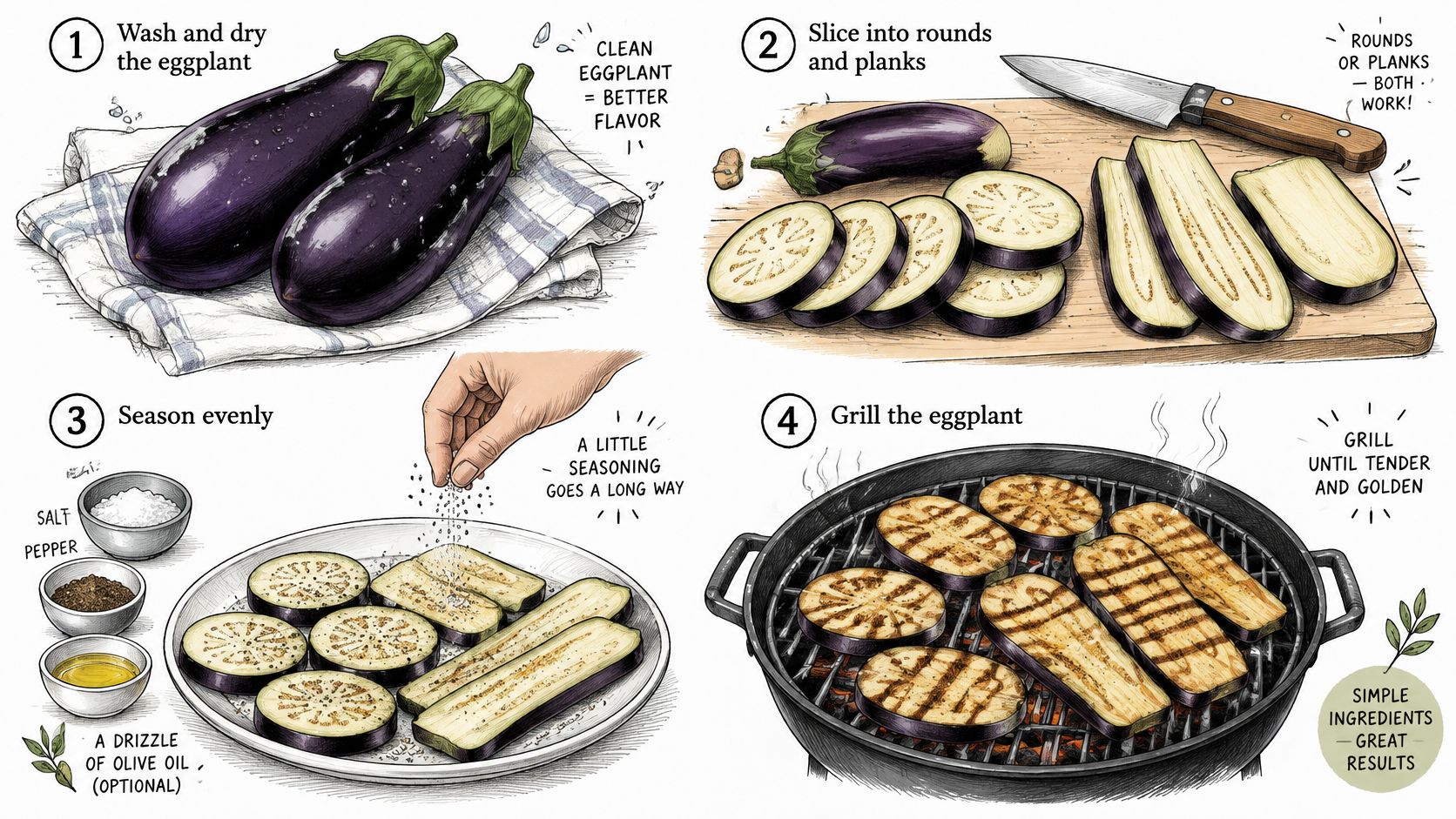 An illustrated step-by-step guide showing how to wash, slice, season, and grill fresh whole eggplants.