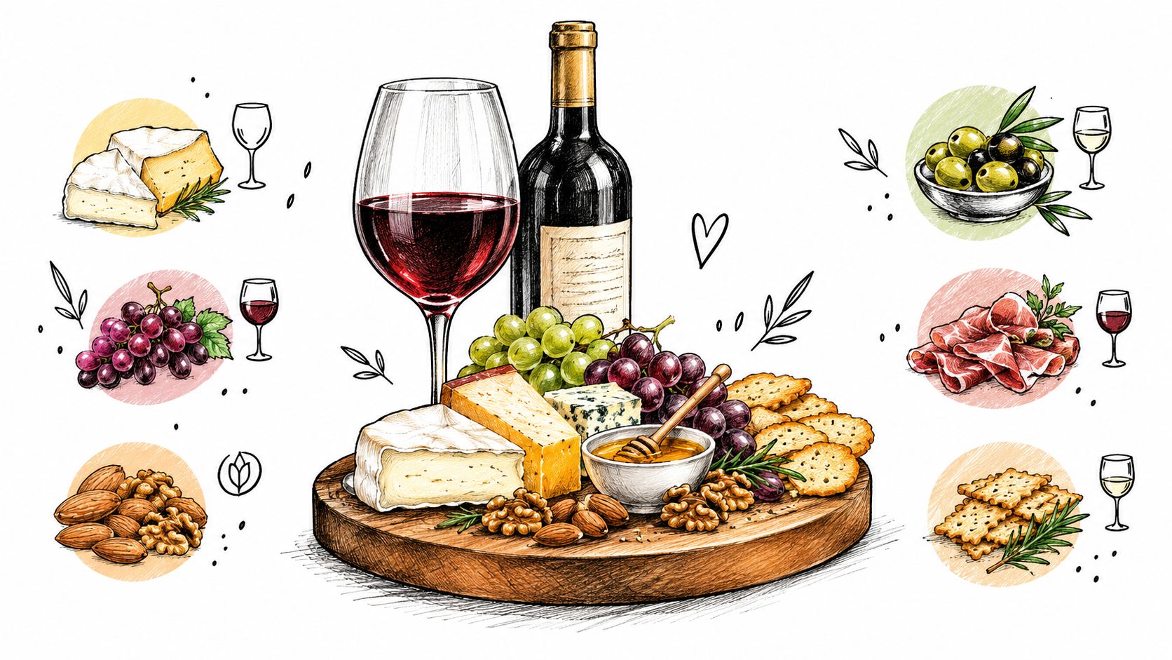 A curated wine and cheese charcuterie board arrangement featuring assorted cheeses, fruits, nuts, and wine.