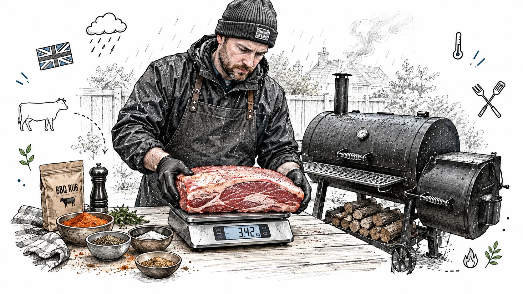 A man in a beanie and apron seasoning a large raw brisket on a kitchen scale outdoors.