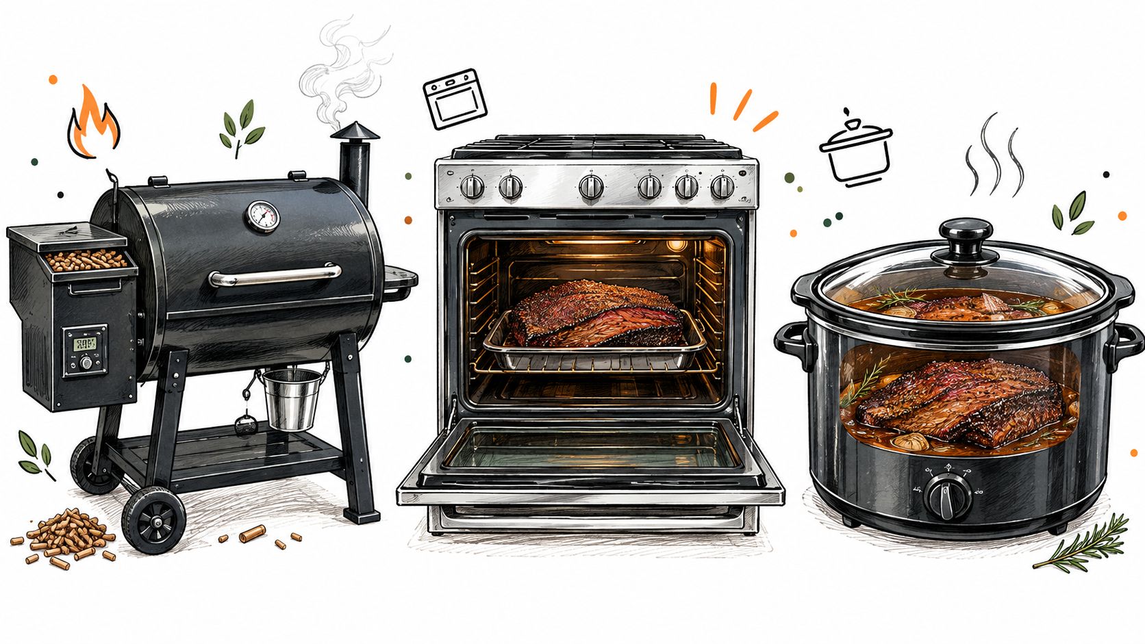 A charcoal grill, a kitchen oven, and a slow cooker, each preparing a savory beef brisket dish.