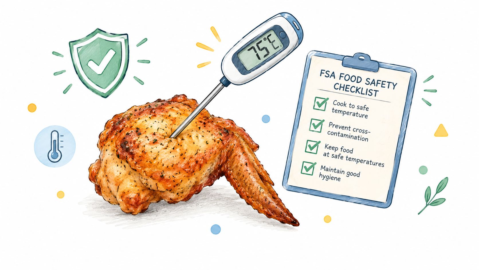 A cooked chicken wing with a thermometer showing 75 degrees Celsius next to a food safety checklist.