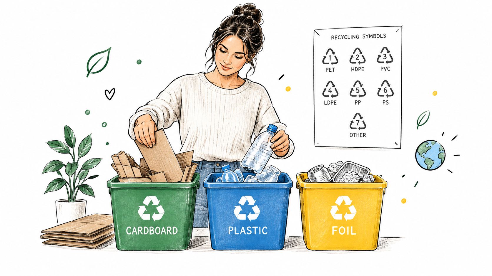 A young woman sorting household waste into green, blue, and yellow recycling bins with descriptive icons.