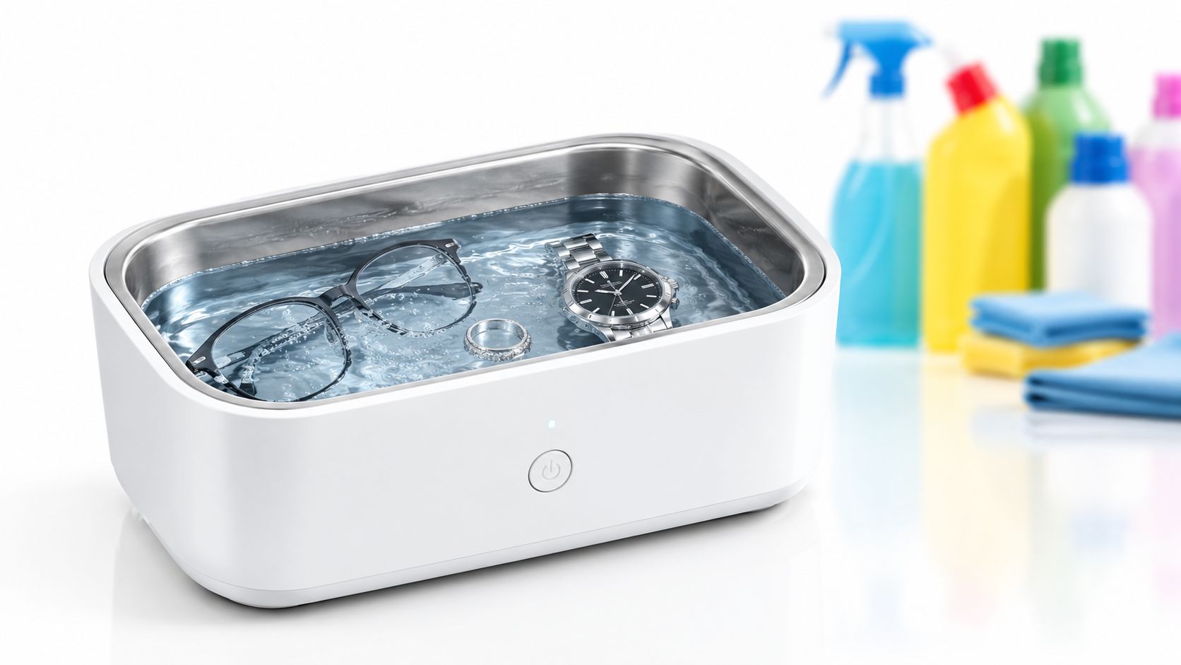 An ultrasonic cleaner cleaning glasses, a ring, and a wristwatch with various cleaning supplies in the background.