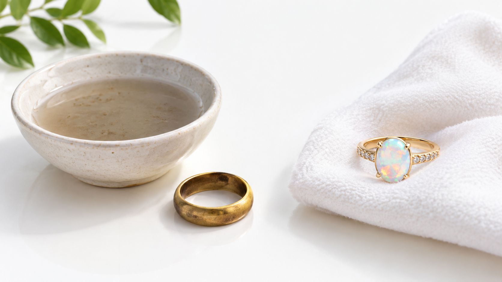 A gold opal ring on a white towel next to a bowl of jewelry cleaning solution.